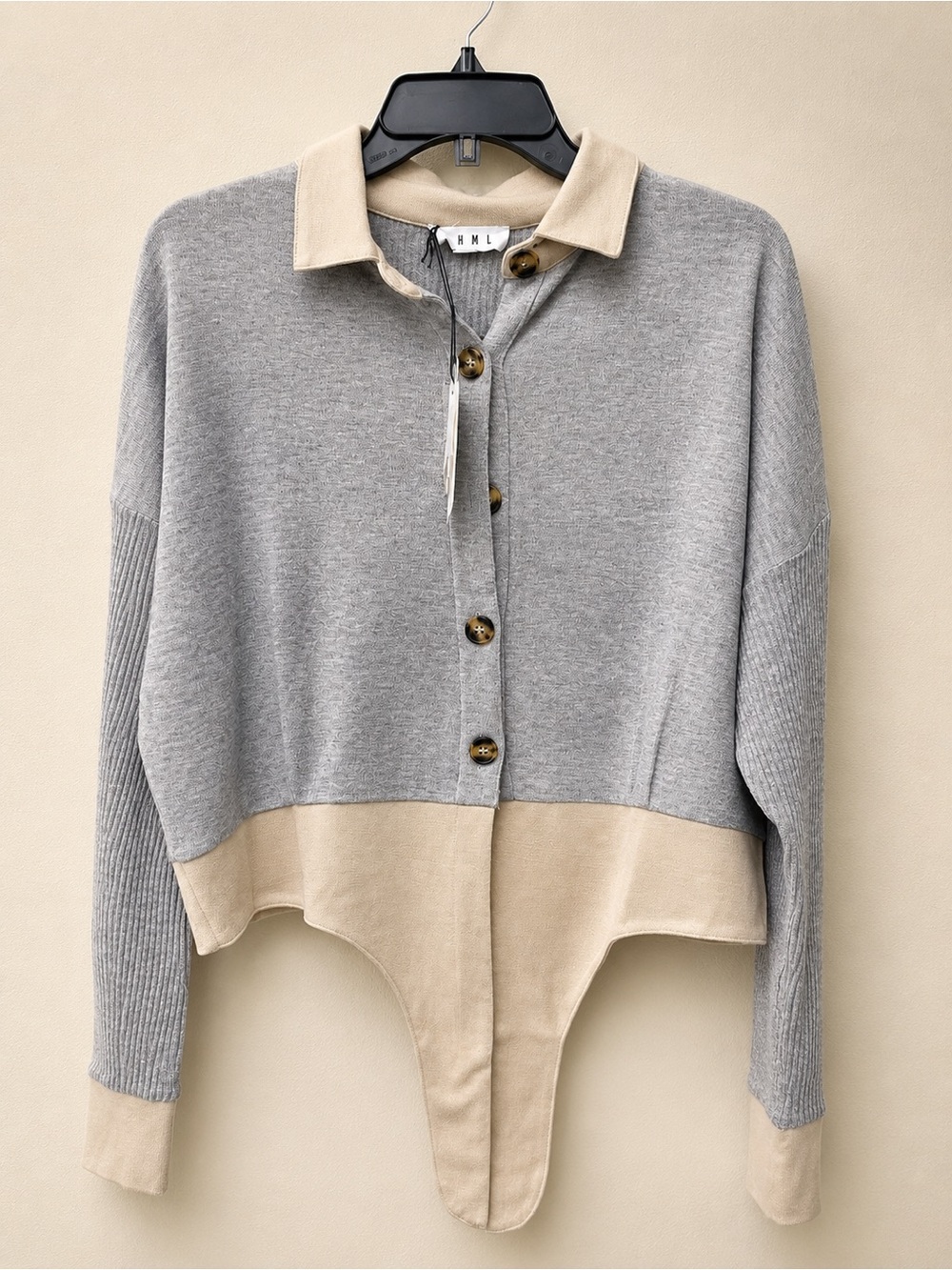 THML Grey and Beige Button-Front Polo Knit Top